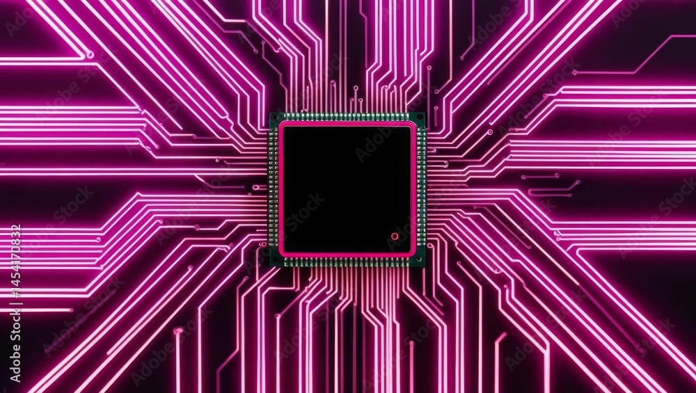 Poster highly detailed close-up of a computer microchip surrounded by glowing neon purple circuitry lines o