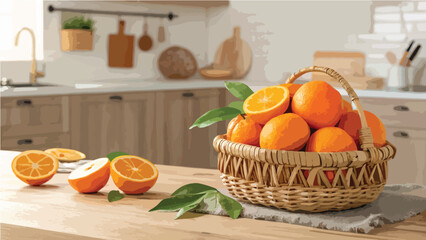 Oranges in basket, Orange in wicker basket in kitchen vector design, Orange vector design