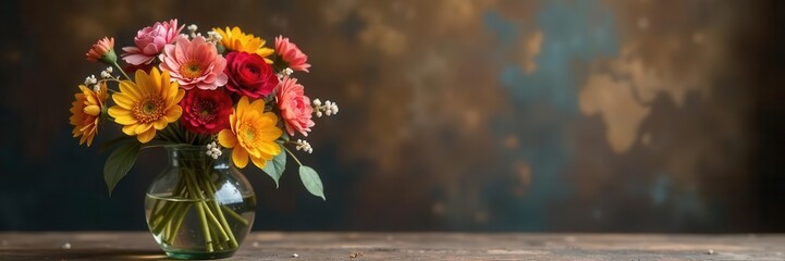 Rustic dried flower arrangement, brown hues, glass vase, vintage backdrop, shades, image