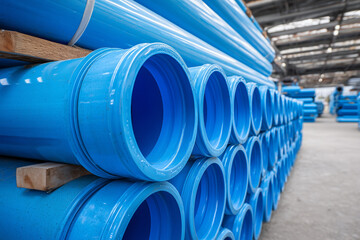 Blue plastic pipes used in construction site.Blue PVC water pipe in storage.Packaged blue plastic water pipes at warehouse.