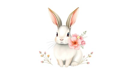 Fototapeta premium Floral adorned bunny illustration on white background capturing festive charm