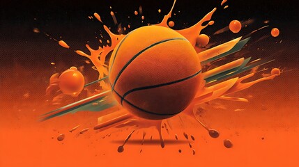 A vibrant basketball explodes in a splash of orange paint, dynamic and energetic.