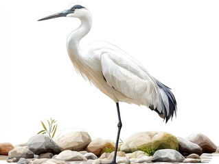 Elegant egret standing on stones near water