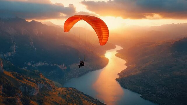 Paragliding Sunset Mountain River.