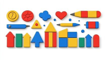 Colorful building blocks are neatly arranged on a white surface