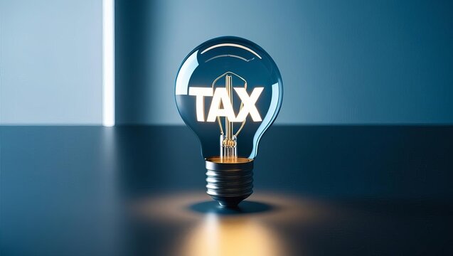 Innovative creative idea of a light bulb with the word TAX inside, symbolizing taxation and financial concepts, on a sleek and modern surface with blue background