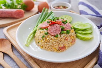 Home made Fried rice with fermented pork in white plate, thai food	