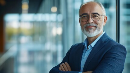 Portrait of confident senior businessman with beard and glasses in office building light 100 char