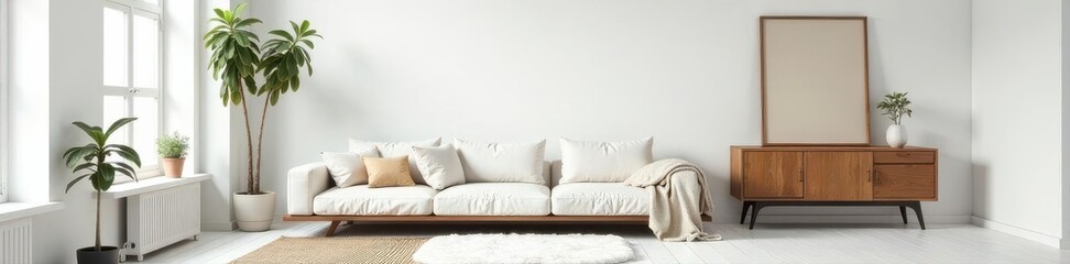 Empty white living room, vintage cabinet, artwork space for sofa , copy space, wood, interior design