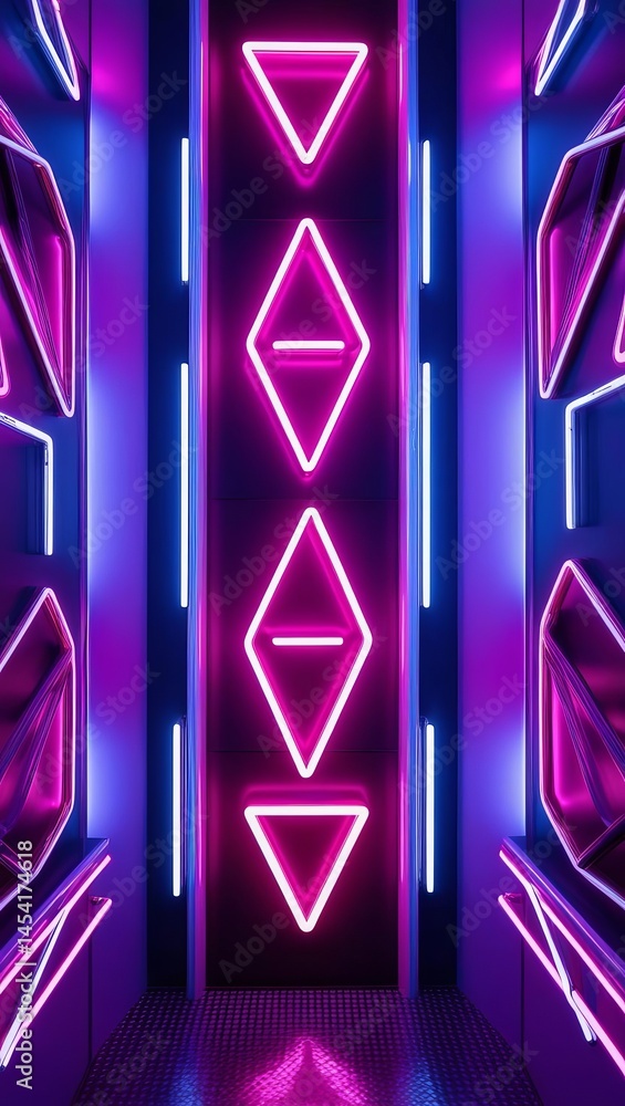 Poster vibrant neon geometric light display with symmetrical patterns and glowing lines in futuristic art i