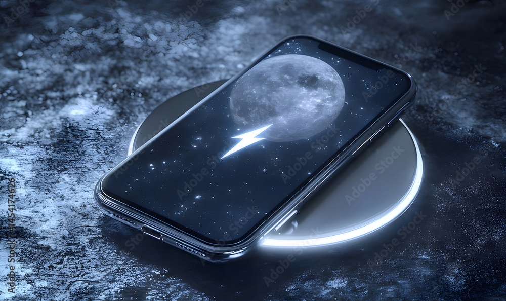 Poster 夜空と月と稲妻デザインが施されたスマートフォンがワイヤレス充電台に乗る青色基調の幻想的な3dイラスト