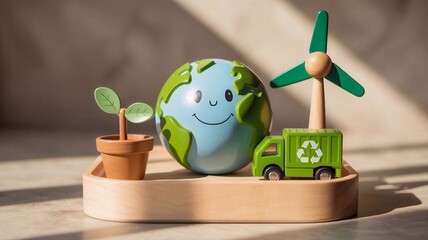 Children's ecology concept: image shows wooden toys symbolizing ecology and sustainable development, such as a smiling planet, a windmill, a sprout in a pot, and a garbage truck with a recycling sign