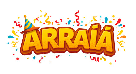Festive illustration with the word "Arraia" in bright colors, adorned with a party hat and confetti, celebrating Brazilian culture.