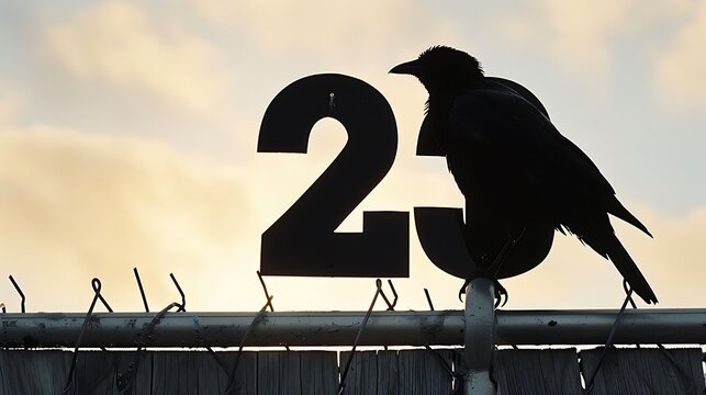 A Silhouette of a Bird Resting on a Metal Number Attached to a Fence