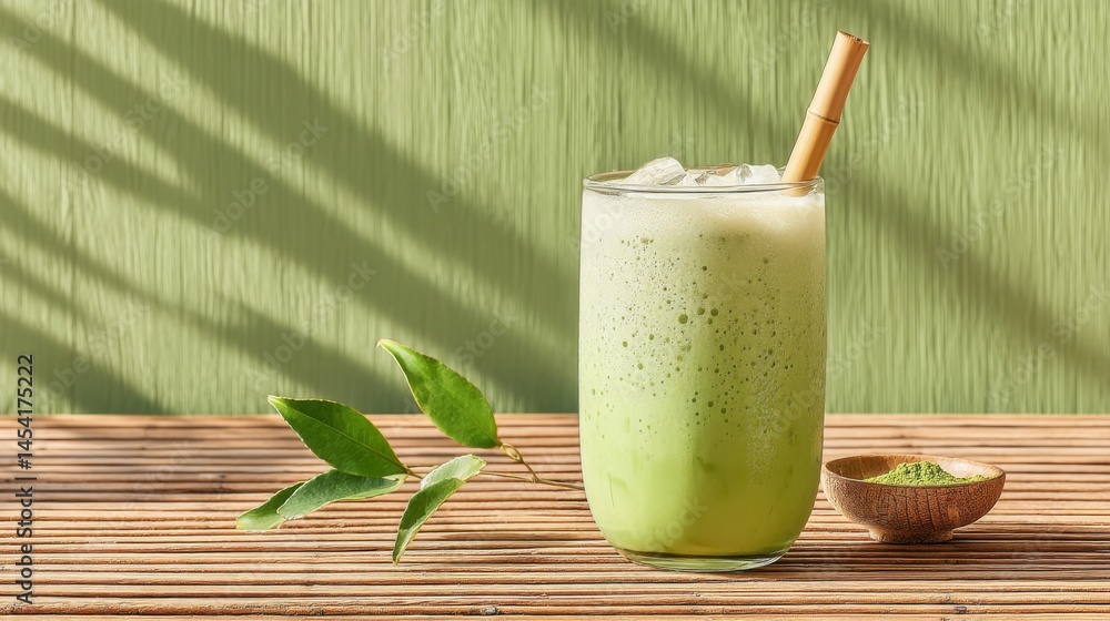 Poster refreshing matcha latte with bamboo straw served on bamboo surface and green background
