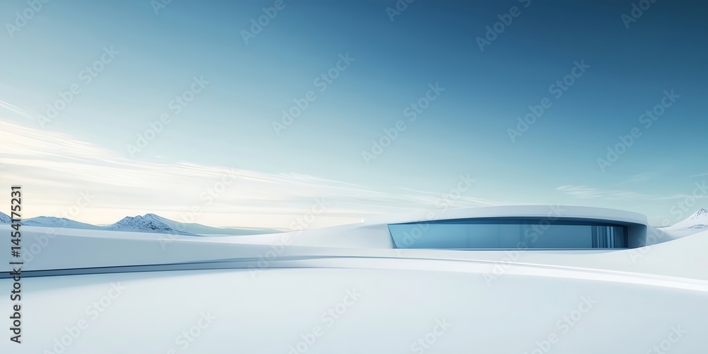 Aufkleber 氷雪原に佇む未来的な建築物 青空と雪山のコントラストが美しいミニマルデザイン