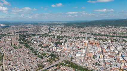 Aerial view of the city of San Salvador de Jujuy, Argentina.