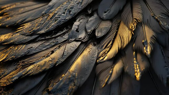 Closeup of damaged black feathers covered in crude oil