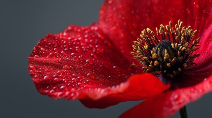poppy flower closeup red petals water droplets glossy texture stamen macro soft gradient background