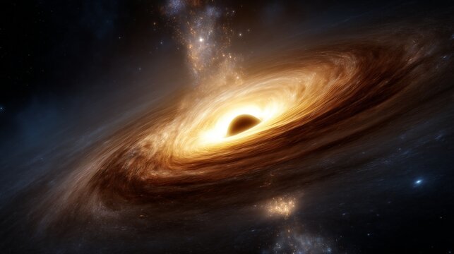 black hole devours star accretion disk glowing yellow xray vortex debris cosmic galaxies nebulae

