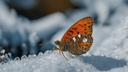 Obraz premium Close-up view of vibrant orange butterfly resting on shimmering ice crystals in winter sunlight outdoors