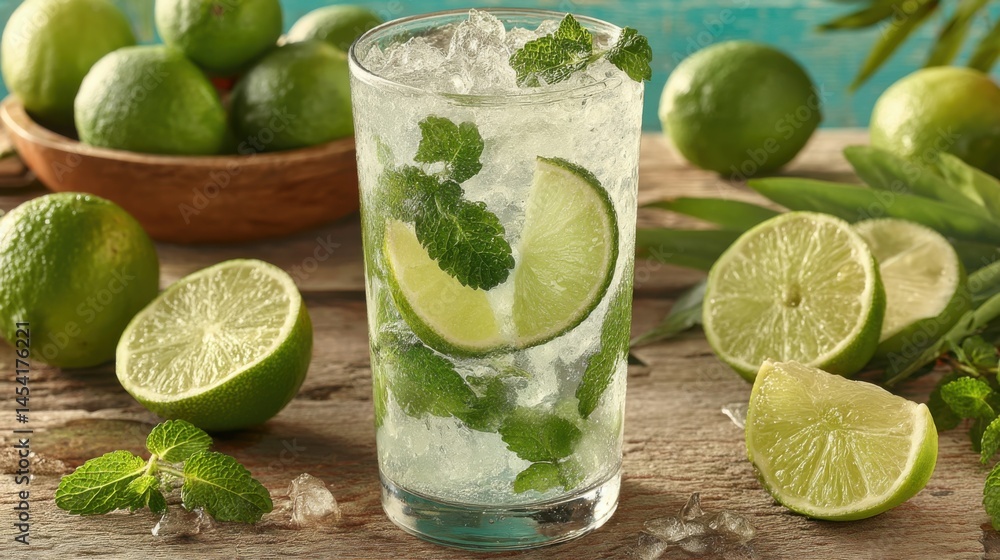 Poster refreshing mojito cocktail with lime and mint on a rustic wooden table