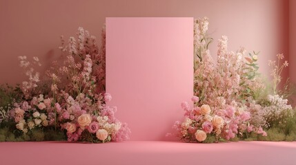 pink backdrop rectangle large pastel flowers greenery floor warm aesthetic telephoto studio photography setting