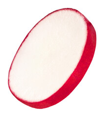 Fresh raw Red Radish with green leaves falling in the air isolated on white backgriund. Food levitation or zero gravity conception.
