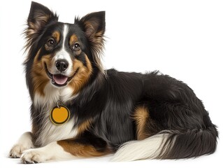 Fototapeta premium Happy, tri-color dog resting on white. Round tag hangs from collar; head up