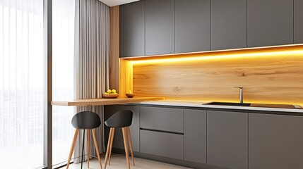 Modern gray kitchen design with warm wood accents and bar seating.