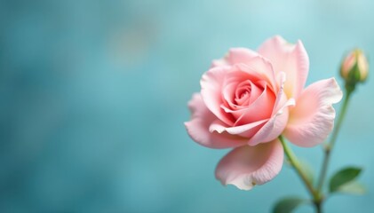 Obraz premium Delicate blush roses, soft blue backdrop, serene light , pretty, pink