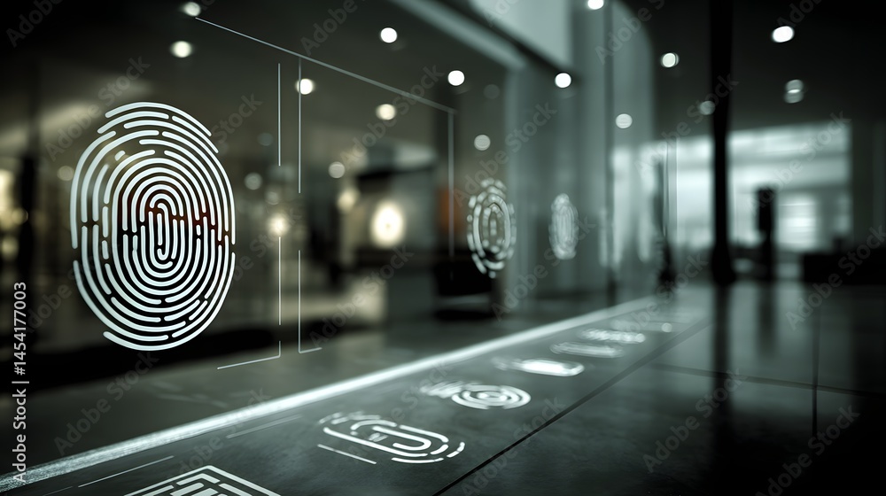 Poster decentralized biometric id security system modern office digital interface high-tech environment clo