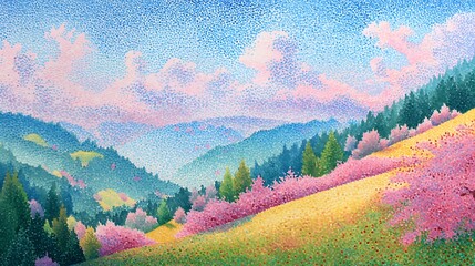 Pointillist landscape painting depicting a blooming hillside under a pastel sky, mountains in the background.
