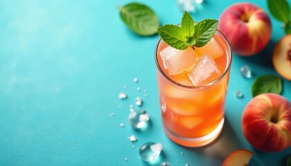 Fototapeta premium Overhead peach drink, mint, ice, fruit, blue background, beverage, lemonade