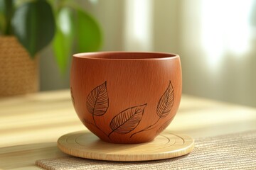 Terracotta bowl with leaf design on a light wooden surface.