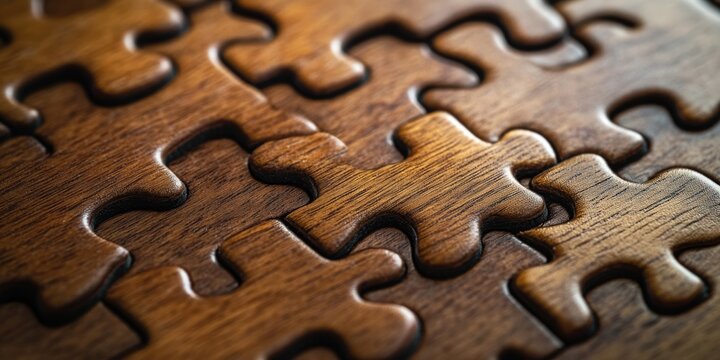 Wooden jigsaw puzzle on a table with one missing piece, waiting to be solved.