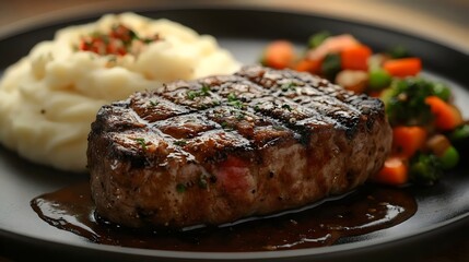 A perfectly grilled steak, served with creamy mashed potatoes and fresh, colorful vegetables.