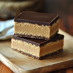 Chocolate Caramel Bars on Wooden Board