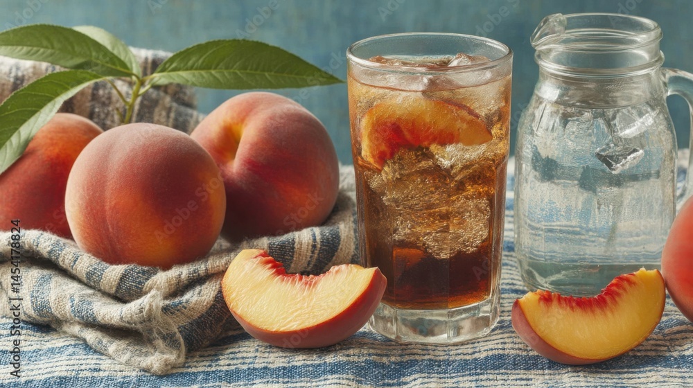 Poster refreshing peach iced tea with fresh peaches and a pitcher of water on a table
