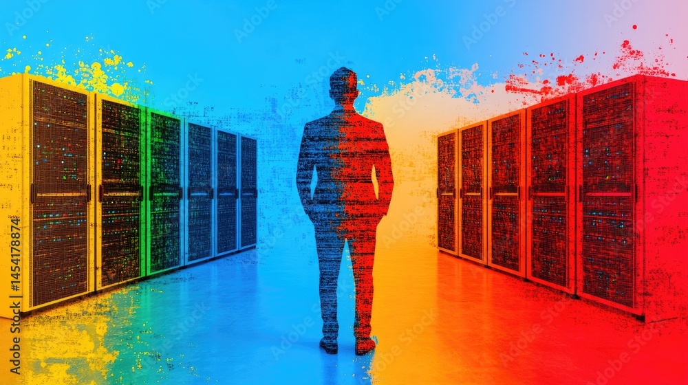 Poster person stands between colorful data servers in a bright, abstract tech-themed visualization
