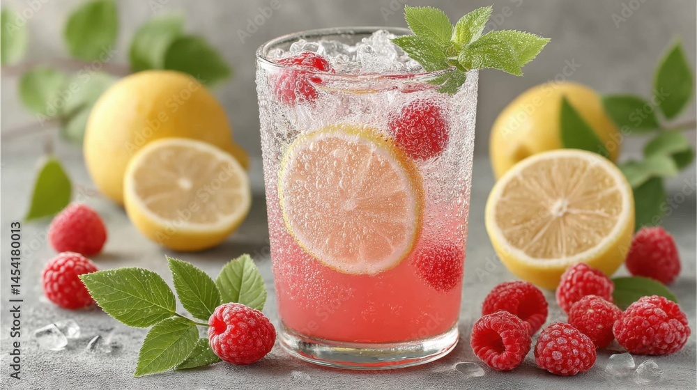 Poster refreshing raspberry lemonade with lemon slices and mint leaves on a table