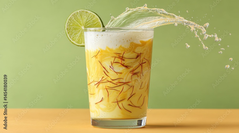 Poster refreshing saffron and lime drink with splash on yellow and green background