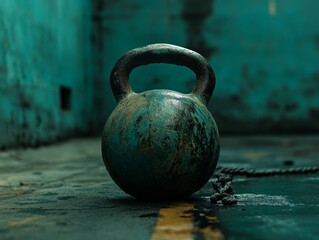 Fototapeta premium Dilapidated gym, rusted kettlebell, abandoned space