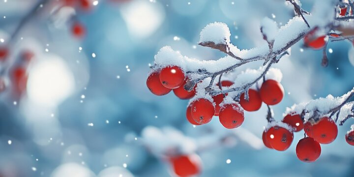 Winter season holiday theme with snow-covered berries and twigs against a starlit sky backdrop.