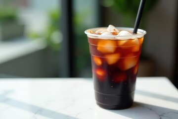 Refreshing Asian black iced coffee in plastic cup on white marble Plenty of copy space , ice, brown, minimalist
