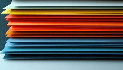 Colorful paper sheets stacked in layers.  A close-up view of a vibrant, multi-colored paper stack.  The layers transition smoothly from light pastel shades to darker tones