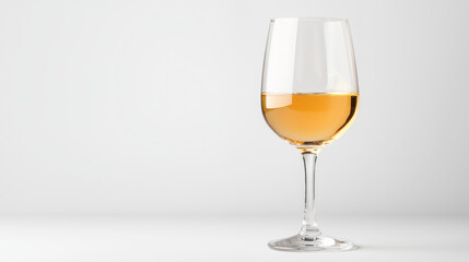 Elegant wine glass filled with light golden liquid on a minimalistic background.