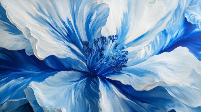 Vibrant blue and white flower painting in abstract style. Modern art print, perfect for home or office wall decor.