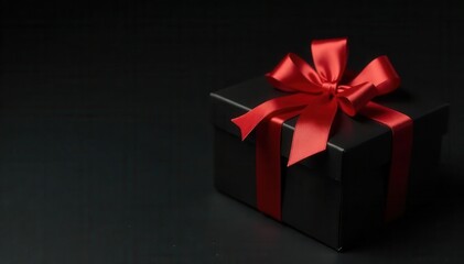 Obraz premium Red ribbon atop black gift box, black background, marketing, minimalist