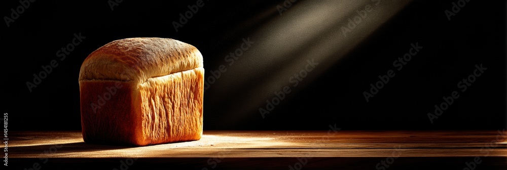 Poster unique loaf of bread illuminated dramatically in a dark setting highlighting its texture and details